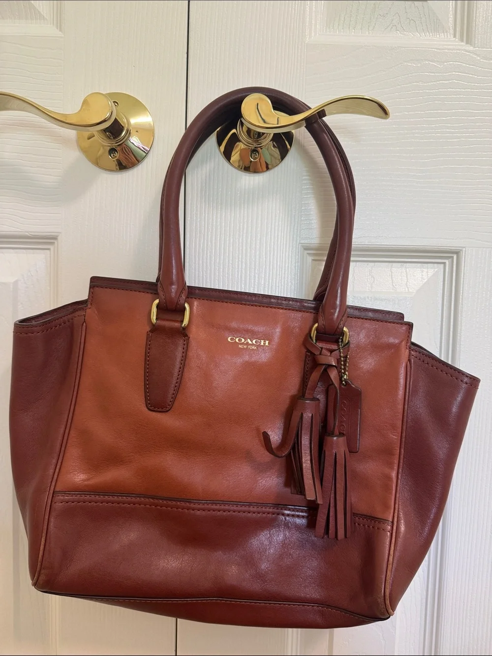 Coach Leather Tote in Chestnut Brown with Tassel Charm